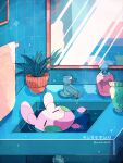  artist_name bathroom closed_eyes commentary_request goomy hanabusaoekaki highres indoors lotion_bottle marill mirror no_humans oddish plant pokemon pokemon_(creature) potted_plant reflection sink soap sparkle towel 