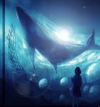  1girl aquarium artist_name black_hair blue_theme hand_up jellyfish lens_flare medium_hair original scenery school_of_fish skirt skyrick9413 standing underwater whale 