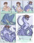  2018 anthro aquatic_dragon bath brown_hair bubbeh clenched_teeth comic dragon growth hair hi_res horn humanoid long_tail male marine nude open_mouth smile solo surprise teeth transformation yellow_sclera 