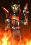  1boy advent_deck armor belt bodysuit commentary_request dragon fire full_body gloves helmet holding holding_weapon igarashimw kamen_rider kamen_rider_ryuki kamen_rider_ryuki_(series) kamen_rider_ryuki_survive looking_at_viewer male_focus mask official_alternate_costume power_armor red_eyes solo standing tokusatsu v_buckle weapon 
