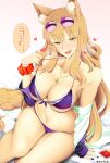  1girl animal_ear_fluff animal_ears bikini blush breasts cleavage eyewear_on_head fang fate/extra fate/extra_ccc fate/extra_ccc_fox_tail fate/grand_order fate_(series) fox_ears fox_girl fox_tail halterneck heart highres hood hooded_jacket jacket jewelry large_breasts long_hair long_sleeves looking_at_viewer navel necklace off_shoulder open_clothes open_jacket orange_hair phone purple_bikini sidelocks smile speech_bubble string_bikini sunglasses suzuka_gozen_(fate) suzuka_gozen_(heavenly_demon_princess)_(fate) swimsuit tail thick_thighs thighs translated unadon white_jacket yellow_eyes 