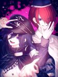  2boys cape commentary_request company_connection crossover danganronpa_(series) danganronpa_v3:_killing_harmony evil_grin evil_smile grin hair_over_one_eye hat looking_at_viewer master_detective_archives:_rain_code multiple_boys oma_kokichi purple_hair red_hair smile teruha_kurumi yomi_hellsmile 