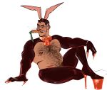  1boy absurdres animal_ears bara barbell_piercing bare_pectorals carrot convenient_leg easter eating fabulous fingernails frontless_outfit full_body glasses hairy high_heels highres kemonomimi_mode large_pectorals latex latex_legwear male_pubic_hair mature_male medic_(tf2) meme_attire mico_art muscular muscular_male navel navel_hair nipples pectorals piercing pubic_hair rabbit_ears reverse_bunnysuit reverse_outfit sharp_fingernails short_hair shrug_(clothing) solo stomach team_fortress_2 thick_chest_hair thick_navel_hair thick_thighs thighs very_hairy whiskers 