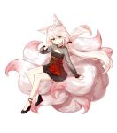  1girl alternate_hair_color animal_ear_fluff animal_ears ankle_bell arm_support black_dress black_footwear black_sleeves bow cleavage_cutout closers clothing_cutout dress evil_smile fangs flat_chest fox_ears fox_girl fox_shadow_puppet fox_tail full_body hair_bow half-closed_eyes hand_up high_heels highres kitsune kyuubi layered_dress long_hair long_sleeves looking_at_viewer low_twintails lucy_(closers) multiple_tails official_art parted_lips pink_tail red_bow red_dress see-through see-through_sleeves sitting sitting_on_tail smile solo tachi-e tail twintails two-tone_dress wedge_heels white_background white_hair yellow_eyes 