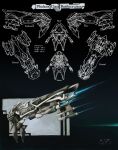  absurdres battlecruiser_(eve_online) commentary concept_art eve_online from_side gallente_federation_(eve_online) glowing highres military_vehicle multiple_views no_humans original peacewise reference_sheet science_fiction spacecraft thrusters vehicle_focus 