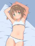  +_+ 1girl armpits arms_behind_head arms_up bare_arms bare_shoulders bed_sheet bra brown_hair clothes_writing colored_inner_hair commentary cowboy_shot flat_chest groin hair_intakes highres looking_at_viewer lying multicolored_hair navel oka_asahi on_back onii-chan_wa_oshimai! orange_hair panties short_hair smile solo stomach training_bra two-tone_hair two_side_up underwear underwear_only unkimo white_bra white_panties window_shadow 