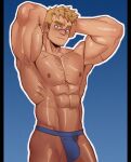  1boy abs arms_behind_head bara beard_stubble biceps blonde_hair blue_eyes blue_male_underwear blush borrowed_character bsun30425111 bulge cowboy_shot facial_hair highres jockstrap large_pectorals leius_(mondo) looking_at_viewer male_focus male_underwear muscular muscular_male navel nipples original pectorals scar scar_on_face scar_on_nose short_hair sideburns_stubble solo sparse_chest_hair standing stubble thick_eyebrows topless_male underwear 