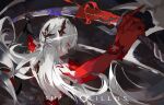  1girl acheron_(honkai:_star_rail) arms_up artist_name bare_shoulders black_hole body_markings cmdr_saturn detached_sleeves flower hair_ornament highres holding holding_sword holding_weapon honkai:_star_rail honkai_(series) long_hair red_eyes red_flower sheath solo sword unsheathing weapon white_hair 