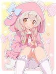  1girl animal_hood bloomers blue_bow blush border bow bowtie brown_eyes buttons frilled_socks frills gradient_background grey_hair hair_bobbles hair_bow hair_ornament hair_over_shoulder heart highres hood hood_up index_fingers_together jacket looking_at_viewer multi-tied_hair onii-chan_wa_oshimai! open_mouth outline oyama_mahiro pink_background pink_bow pink_bowtie pink_hair pink_jacket sitting socks solo star_(symbol) tareme unkimo white_bloomers white_border white_outline white_socks yellow_background 
