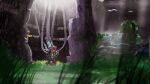  1boy armor bent_over blurry blurry_foreground bug butterfly cable cave forehead_jewel grass highres kneeling mechaklear mega_man_(series) mega_man_zero_(series) mega_man_zero_1 nature red_armor red_helmet restrained solo sunlight zero(z)_(mega_man) zero_(mega_man) 