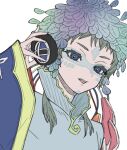  1other androgynous blue_eyes blue_hair facepaint facial_mark feathers forehead_mark gnosia green_eyes green_hair headphones long_sleeves looking_at_viewer makeup multicolored_hair raqio solo streaked_hair tattoo upper_body user_wahs4747 