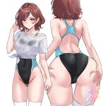  1girl ass ass_visible_through_thighs blush breasts brown_hair cameltoe commentary_request commission competition_swimsuit covered_navel dated groin highres higuchi_madoka idolmaster idolmaster_shiny_colors looking_at_viewer median_furrow medium_breasts mole mole_under_eye multiple_views one-piece_swimsuit partial_commentary pixiv_commission red_eyes revision shirt signature simple_background swimsuit thighhighs tied_shirt two-tone_one-piece_swimsuit white_background white_shirt white_thighhighs yoo_tenchi 