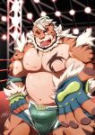  2019 anthro belly bottomwear bulge clothing felid hi_res hombretigre humanoid_hands male mammal moobs navel nipples one_eye_closed overweight overweight_male pantherine shorts solo teeth tiger tokyo_afterschool_summoners video_games wink wrestle_tiger46 
