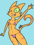 2024 4_fingers anthro artist_name big_eyes bikini biped black_eyebrows blue_background blush blush_lines breasts cheek_tuft clothed clothed_anthro clothed_female clothing digital_drawing_(artwork) digital_media_(artwork) domestic_cat extended_arms eyebrows eyelashes facial_markings facial_tuft felid feline felis female fingers fran_(litterbox_comics) front_view fur fur_tuft green_eyes green_sclera grin grinning_at_viewer head_markings humanoid_hands light_body light_fur light_nose light_tail litterbox_comics looking_at_viewer mammal markings mature_anthro mature_female monotone_background navel nekocleavergirl one_eye_closed orange_body orange_breasts orange_ears orange_fur orange_stripes orange_tail pattern_bikini pattern_clothing pattern_swimwear pink_nose portrait pose prick_ears purple_bikini purple_clothing purple_swimwear simple_background skimpy skimpy_bikini skimpy_swimwear small_breasts small_nose smile smiling_at_viewer solo standing string_bikini striped_arms striped_bikini striped_body striped_clothing striped_face striped_fur striped_legs striped_markings striped_swimwear striped_tail stripes swimwear tabby_cat tail tail_markings teeth thick_thighs three-quarter_portrait tuft wink winking_at_viewer