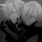  2boys arms_around_neck bisukorokoro black_vest cloud_strife dark expressionless final_fantasy final_fantasy_vii final_fantasy_vii_advent_children gloves glowing glowing_eyes green_eyes grey_background high_collar hug hug_from_behind kadaj light_smile long_sleeves looking_at_viewer male_focus monochrome multiple_boys official_alternate_eye_color short_hair slit_pupils spiked_hair spot_color third-party_source upper_body vest 