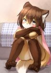  2019 5_fingers 5_toes akamu_ver20 anthro bed blush breasts brown_fur brown_hair butt canid canine cape cape_only clothing crossed_arms female fluffy fluffy_tail fox fur grey_eyes hair hi_res inside kemono looking_at_viewer mammal mostly_nude multicolored_fur short_hair sitting solo tan_fur toes white_fur 