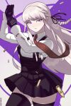  1girl adjusting_clothes adjusting_gloves arms_up artist_name black_dress black_ribbon black_thighhighs braid breasts bullet danganronpa:_trigger_happy_havoc danganronpa_(series) dress ghostypaint gloves grey_background grey_hair hair_ribbon highres kirigiri_kyoko large_breasts long_hair long_sleeves pink_background pink_eyes pleated_skirt ribbon shirt side_braid skirt solo teeth thighhighs white_shirt zettai_ryouiki 