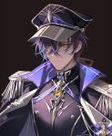  1boy :| aiguillette belt black_background black_belt black_cape black_hat black_jacket black_ribbon blue_hair brooch buttons cape clarence_clayden closed_mouth crossed_bangs dark_blue_hair double-breasted epaulettes eye_symbol hair_behind_ear hair_between_eyes hair_ribbon hat highres jacket jewelry lapels long_hair long_sleeves looking_at_viewer lovebrush_chronicles low_ponytail male_focus military_hat military_uniform mole mole_under_eye peaked_cap ribbon serious shiling simple_background solo stained_glass two-sided_cape two-sided_fabric uniform upper_body weibo_logo weibo_username white_cape yellow_eyes 
