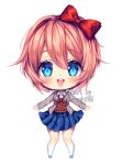  1girl aqua_footwear artist_name blazer blue_eyes blue_skirt blush bow brown_jacket brown_vest chibi chibi_only collared_shirt doki_doki_literature_club english_commentary fluffy_hair full_body hair_between_eyes hair_bow highres jacket long_sleeves looking_at_viewer neck_ribbon open_clothes open_jacket open_mouth orange_hair outstretched_arms pigeon-toed red_bow red_ribbon ribbon sasucchi95 sayori_(doki_doki_literature_club) shirt short_hair skirt smile socks solo standing straight-on teeth two-tone_footwear upper_teeth_only vest white_footwear white_shirt white_socks 