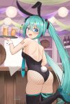  1girl absurdres alcohol animal_ears aqua_bow aqua_bowtie aqua_eyes aqua_hair aqua_necktie ass bar_(place) barrel beer beer_mug black_footwear boots bow bowtie counter cup detached_collar fishnet_pantyhose fishnets from_behind hatsune_miku headset highres long_hair looking_at_viewer looking_back mug necktie pantyhose playboy_bunny rabbit_ears rabbit_tail sembem solo tail thigh_boots twintails very_long_hair vocaloid wrist_cuffs 