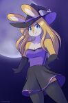 anthro blonde_hair blue_eyes blush bottomwear breasts clothed clothing female front_view full_moon fully_clothed fur hair happy hat headgear headwear hi_res lagomorph leporid long_hair looking_at_viewer magicalbun mammal moon rabbit rabbit_ears shirt skirt sky smile solo solo_focus standing sunny_(magicalbun) tigh_highs topwear watermark white_body white_fur wizard_hat yellow_body yellow_fur