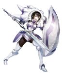  1girl armored_boots bangs black_eyes black_hair boots degel dual_wielding fire_emblem fire_emblem:_kakusei fire_emblem_heroes full_body gauntlets highres holding holding_weapon official_art open_mouth parted_lips polearm shield shiny shiny_hair short_hair solo spear transparent_background weapon 