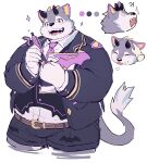 absurd_res anthro belphegor_(tas) belt blep book bottomwear canid canine canis clothing demon disembodied_hand fur grey_body grey_fur hi_res horn lifewonders male mammal necktie overweight petting sharp_teeth shorts suit teeth tokyo_afterschool_summoners tongue tongue_out wolf yed yellow_eyes