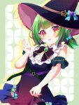  1girl @_@ black_bow black_bowtie black_dress black_hat blue_bow bow bowtie candy collar commission dress flat_chest food frills green_brooch green_hair hat hat_bow hexa_(vtuber) highres indie_virtual_youtuber multicolored_hair pink_hair purple_hair red_eyes second-party_source skeb_commission skirt_hold solo star_o-ring streaked_hair tongue tongue_out two_side_up virtual_youtuber white_collar witch_hat wrapped_candy yui_mirano 