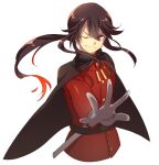  1boy belt black_cape black_hair buttons cape echo_(circa) fate/grand_order fate_(series) fiery_hair gloves jacket jewelry long_hair long_sleeves looking_at_viewer necklace oda_nobukatsu_(fate) one_eye_closed outstretched_arm pants ponytail red_eyes red_jacket red_pants sidelocks smile solo white_gloves 