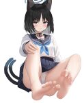  1girl absurdres animal_ear_fluff animal_ears barefoot black_eyes black_hair black_sailor_collar black_skirt blue_archive blue_halo blue_neckerchief blush cat_ears cat_tail full_body gugu0v0 halo highres kikyou_(blue_archive) long_sleeves looking_at_viewer multiple_tails neckerchief open_mouth panties pleated_skirt sailor_collar school_uniform serafuku short_hair simple_background skirt soles solo tail toes twitter_username two_tails underwear white_background white_panties 