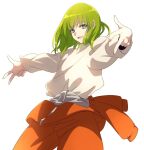 1other androgynous echo_(circa) enkidu_(fate) fate/grand_order fate_(series) green_eyes green_hair jumpsuit long_hair long_sleeves looking_at_viewer medium_hair open_mouth orange_jumpsuit orange_pants pants shirt smile solo white_shirt 