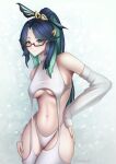  1girl absurdres aqua_eyes black_hair blue_eyes breasts chinese_hairpin genshin_impact glasses green_hair green_lips hair_ornament hairclip highres looking_at_viewer meme_attire moovalandi multicolored_hair ponytail solo stomach two-tone_hair virgin_destroyer_sweater xianyun_(genshin_impact) 