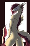 absurd_res anthro fur hair hand_on_leg hi_res looking_down male niro_(niron) piercing rear_view red_body red_eyes red_fur red_hair sergal simple_background solo therobd yellow_body yellow_fur