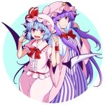  2girls bat_wings blue_background blue_hair breasts coat cowboy_shot dress eichi_yuu fangs flat_chest hat holding_hands light_blue_hair long_hair looking_at_viewer medium_breasts mob_cap multiple_girls open_mouth patchouli_knowledge pink_coat pink_hat pink_shirt pink_skirt pointing pointing_at_viewer pointy_ears purple_dress purple_eyes purple_hair red_eyes red_ribbon remilia_scarlet ribbon shirt short_hair simple_background skirt smile striped_clothes striped_dress touhou vampire white_background wings 