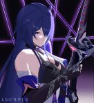  1girl acheron_(honkai:_star_rail) bandaged_arm bandages black_gloves commentary elbow_gloves gloves hair_over_one_eye highres holding holding_sword holding_weapon honkai:_star_rail honkai_(series) katana long_hair luckplz purple_eyes purple_hair single_bare_shoulder solo sword upper_body very_long_hair weapon 