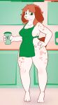 abstract_background apron apron_only beverage big_ears cafe clothing coffee coffee_cup container cup green_eyes hand_on_leg hand_on_thigh hi_res impishhyena lagomorph leporid mammal markings medium_hair nipple_slip nude public public_nudity rabbit smile spots spotted_body thick_thighs