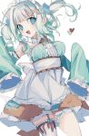  1girl absurdres blue_eyes blush bow breasts dizzy_(nadecola9) dress frilled_dress frills ghost gradient_hair green_dress green_hair hair_bow highres indie_virtual_youtuber long_hair maid maid_headdress medium_breasts mint_fantome multicolored_hair open_mouth simple_background single_thighhigh sleeves_past_fingers sleeves_past_wrists smile solo standing thigh_strap thighhighs two_side_up virtual_youtuber white_background white_hair 
