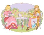  2girls aqua_eyes blonde_hair crown dress drink flowers jivke long_hair pointed_ears princess_peach princess_zelda rose signed super_mario_bros super_smash_bros. the_legend_of_zelda wristwear 