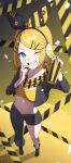  1girl absurdres black_footwear blonde_hair bow caution_tape commentary foreshortening from_above full_body hair_bow headphones highres holding kagamine_rin looking_at_viewer one_eye_closed perspective project_sekai shoes smile solo standing traffic_jam_(vocaloid) vocaloid yamggu yellow_eyes 