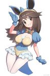  1girl absurdres alternate_costume animal_ears blue_gloves blue_leotard breasts brown_eyes brown_hair cleavage cosplay covered_navel cowboy_shot gloves gonzarez hairband highres horns large_breasts leaf_(pokemon) leotard long_hair nidoqueen nidoqueen_(cosplay) pokemon pokemon_frlg simple_background single_horn spiked_hairband spikes strapless strapless_leotard white_background 