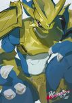 absurd_res anthro armor bandai_namco blue_body claws digimon digimon_(species) gold_(metal) gold_armor hi_res magnamon male midriff red_eyes scalie solo wttao0213