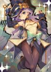  1girl bare_shoulders blue_bow blue_eyes bow breasts cleavage collarbone detached_sleeves dress duel_monster eye_of_horus hair_between_eyes hat highres long_hair long_sleeves medium_breasts nightmare_apprentice pantyhose purple_hair ro_g_(oowack) second-party_source solo witch_hat wizard_hat yu-gi-oh! 