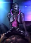 absurd_res alien bioware bottom_on_top clothing duo electronic_arts first_person_view hands_touching hi_res kolt_(kol07) leather leather_clothing leg_grab male male/male markings mass_effect mecharoar on_lap sitting_on_lap tattoo turian