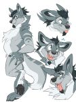  2019 anthro back_markings canid canine canis claws digital_media_(artwork) facial_hair fluffy flying_sweatdrops fur green_eyes grey_markings hair hi_res inner_ear_fluff male mammal markings multiple_poses narn nude one_eye_closed open_mouth pose sharp_teeth simple_background sketch_page smile solo soul_patch sweat sweatdrop teeth tongue tongue_out wink wolf 