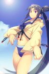  1girl bare_shoulders bikini black_hair blue_bikini blue_eyes blue_sky breasts collarbone echo_(circa) fate/grand_order fate_(series) hair_bun jacket long_hair long_sleeves looking_at_viewer medium_breasts navel parted_bangs side_ponytail sidelocks single_side_bun sky smile solo swimsuit thighs ushiwakamaru_(fate) ushiwakamaru_(swimsuit_assassin)_(fate) ushiwakamaru_(swimsuit_assassin)_(first_ascension)_(fate) very_long_hair yellow_jacket 