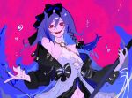  1girl :d bare_shoulders black_bow black_jacket black_nails black_ribbon blue_hair blush bow braid collarbone cropped_jacket dress eyelashes fingernails floating_hair fu_hua fu_hua_(herrscher_of_sentience) fu_hua_(turn_up_the_music!)_(herrscher_of_sentience) grey_hair hair_between_eyes hair_bow hair_ribbon hands_up holding holding_weapon honkai_(series) honkai_impact_3rd jacket long_hair long_sleeves looking_at_viewer multicolored_background multicolored_hair nail_polish navel official_alternate_costume open_clothes open_jacket open_mouth pink_background purple_background raised_eyebrows red_eyes ribbon sho_2nini side_braid sidelocks simple_background single_braid sleeve_cuffs sleeveless sleeveless_dress smile solo streaked_hair teeth upper_body very_long_hair weapon white_dress 