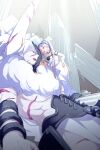  1boy 1girl asterios_(fate) bare_shoulders breasts broken_horn closed_eyes collarbone colored_skin dress echo_(circa) euryale_(fate) fate/hollow_ataraxia fate_(series) frilled_hairband frills hairband horns long_hair open_mouth parted_bangs pillar purple_eyes purple_hair scar sidelocks size_difference small_breasts smile twintails very_long_hair white_dress white_hair white_skin 