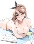  1girl ass atelier_(series) atelier_ryza atelier_ryza_2 bare_shoulders bikini black_ribbon blush book breasts brown_eyes brown_hair cleavage collarbone cup drinking_glass drinking_straw food fruit hairband highres large_breasts lime_(fruit) lime_slice looking_at_viewer lying on_stomach reisalin_stout ribbon short_hair side-tie_bikini_bottom side-tie_swimsuit smile solo swimsuit towel white_bikini zekkyon 