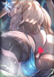  1boy absurdres animal_ears ass bara bigfoot_(housamo) bulge censored cow_ears feet_out_of_frame foreshortening from_above from_behind furry furry_male heart heart_censor highres large_bulge looking_at_viewer male_focus male_underwear male_underwear_pull minotaur muscular muscular_male nipples osu_(osumankokuou) paid_reward_available short_hair smile solo testicle_lift thick_thighs thighs tokyo_afterschool_summoners topless_male underwear white_fur white_hair 