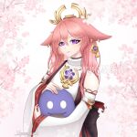  1girl animal_ears cherry_blossoms crown discord earrings fox_ears genshin_impact highres japanese_clothes jewelry looking_at_viewer moovalandi original pink_hair purple_eyes solo yae_miko 